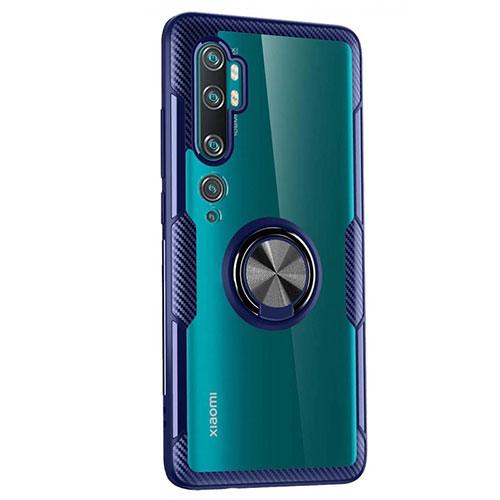 Ultra-thin Transparent TPU Soft Case Cover with Magnetic Finger Ring Stand D02 for Xiaomi Mi Note 10 Pro Blue