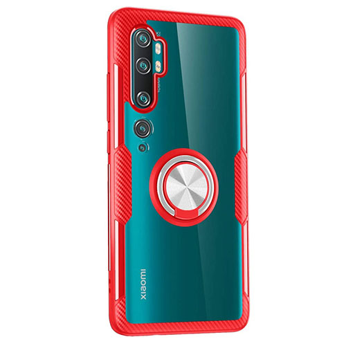Ultra-thin Transparent TPU Soft Case Cover with Magnetic Finger Ring Stand D02 for Xiaomi Mi Note 10 Red