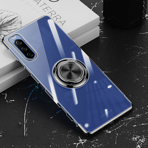 Ultra-thin Transparent TPU Soft Case Cover with Magnetic Finger Ring Stand for Sony Xperia 10 III Black