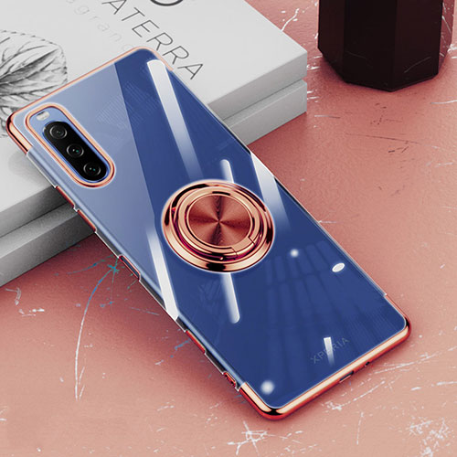 Ultra-thin Transparent TPU Soft Case Cover with Magnetic Finger Ring Stand for Sony Xperia 10 III Rose Gold