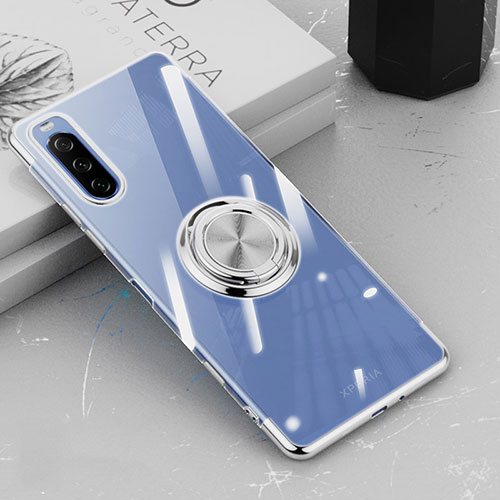 Ultra-thin Transparent TPU Soft Case Cover with Magnetic Finger Ring Stand for Sony Xperia 10 III Silver