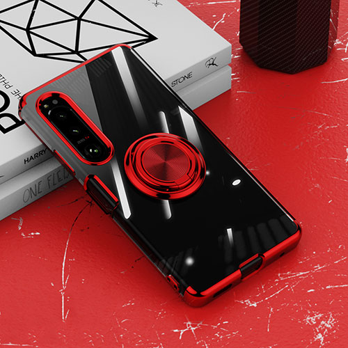 Ultra-thin Transparent TPU Soft Case Cover with Magnetic Finger Ring Stand for Sony Xperia 10 V Red