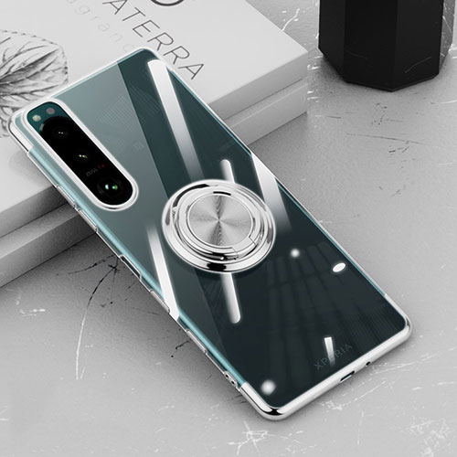 Ultra-thin Transparent TPU Soft Case Cover with Magnetic Finger Ring Stand for Sony Xperia 5 III Silver
