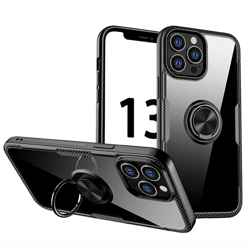 Ultra-thin Transparent TPU Soft Case Cover with Magnetic Finger Ring Stand S01 for Apple iPhone 13 Pro Max Black