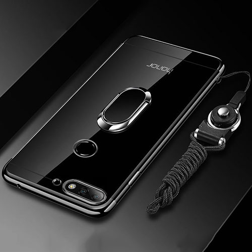 Ultra-thin Transparent TPU Soft Case Cover with Magnetic Finger Ring Stand S01 for Huawei Y6 Prime (2018) Black