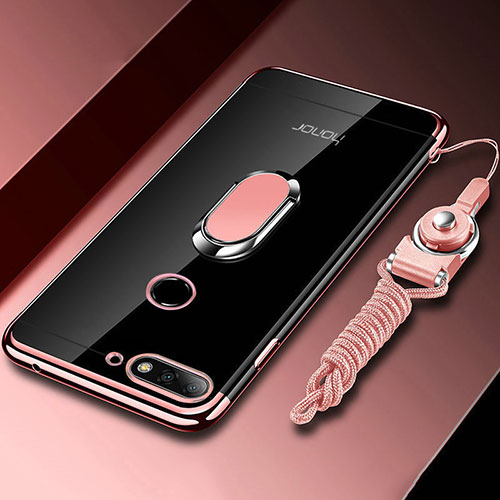 Ultra-thin Transparent TPU Soft Case Cover with Magnetic Finger Ring Stand S01 for Huawei Y6 Prime (2018) Rose Gold