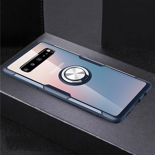 Ultra-thin Transparent TPU Soft Case Cover with Magnetic Finger Ring Stand S01 for Samsung Galaxy S10 5G SM-G977B Blue