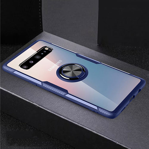 Ultra-thin Transparent TPU Soft Case Cover with Magnetic Finger Ring Stand S01 for Samsung Galaxy S10 5G SM-G977B Blue and Black