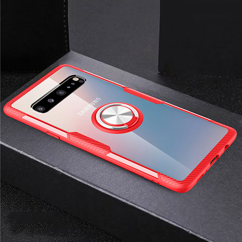 Ultra-thin Transparent TPU Soft Case Cover with Magnetic Finger Ring Stand S01 for Samsung Galaxy S10 5G SM-G977B Red