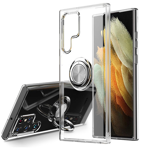 Ultra-thin Transparent TPU Soft Case Cover with Magnetic Finger Ring Stand S04 for Samsung Galaxy S22 Ultra 5G Clear