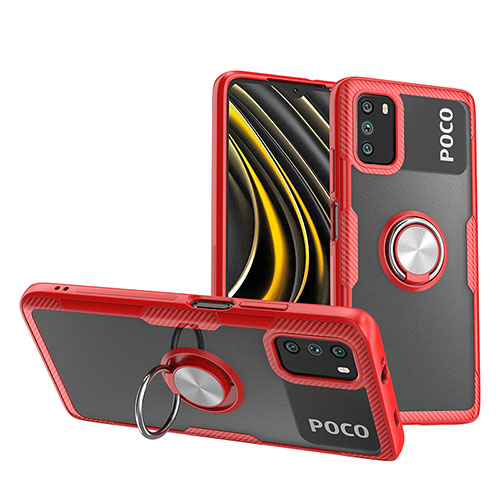 Ultra-thin Transparent TPU Soft Case Cover with Magnetic Finger Ring Stand ZL1 for Xiaomi Poco M3 Red