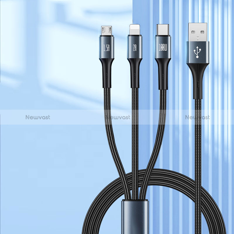 Charger Lightning USB Data Cable Charging Cord and Android Micro USB Type-C 100W H01 Black