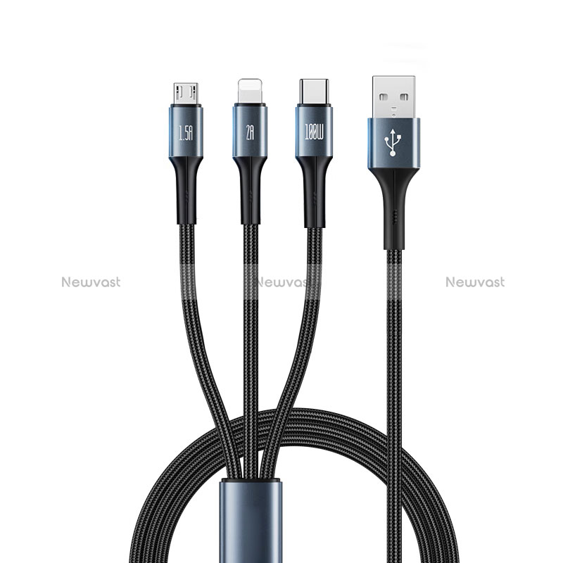Charger Lightning USB Data Cable Charging Cord and Android Micro USB Type-C 100W H01 Black