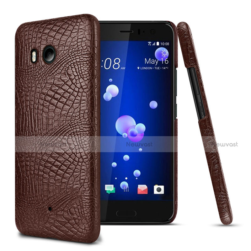 Hard Rigid Plastic Leather Snap On Case for HTC U11 Brown
