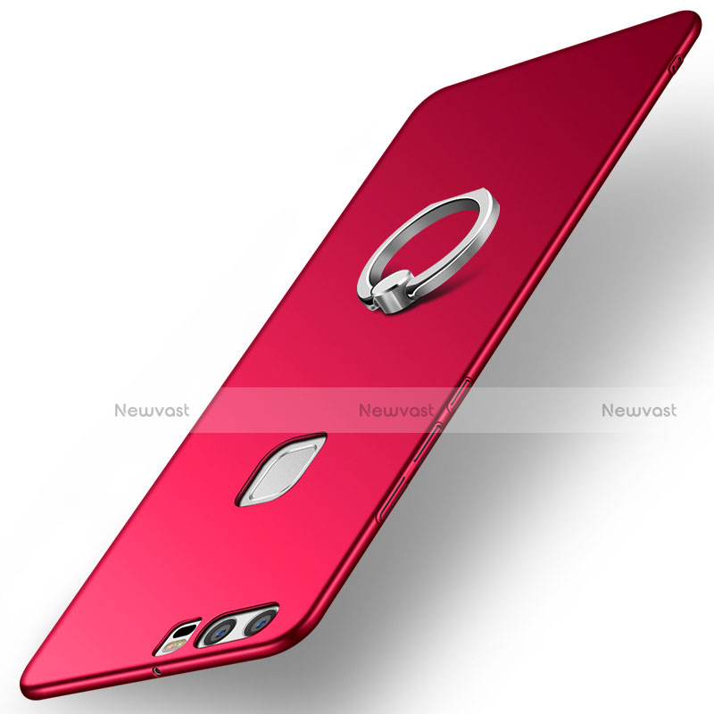 Hard Rigid Plastic Matte Finish Case Cover with Finger Ring Stand A01 for Huawei P9 Red