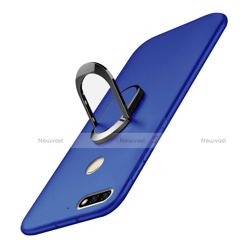 Hard Rigid Plastic Matte Finish Case Cover with Finger Ring Stand A01 for Huawei Y7 (2018) Blue
