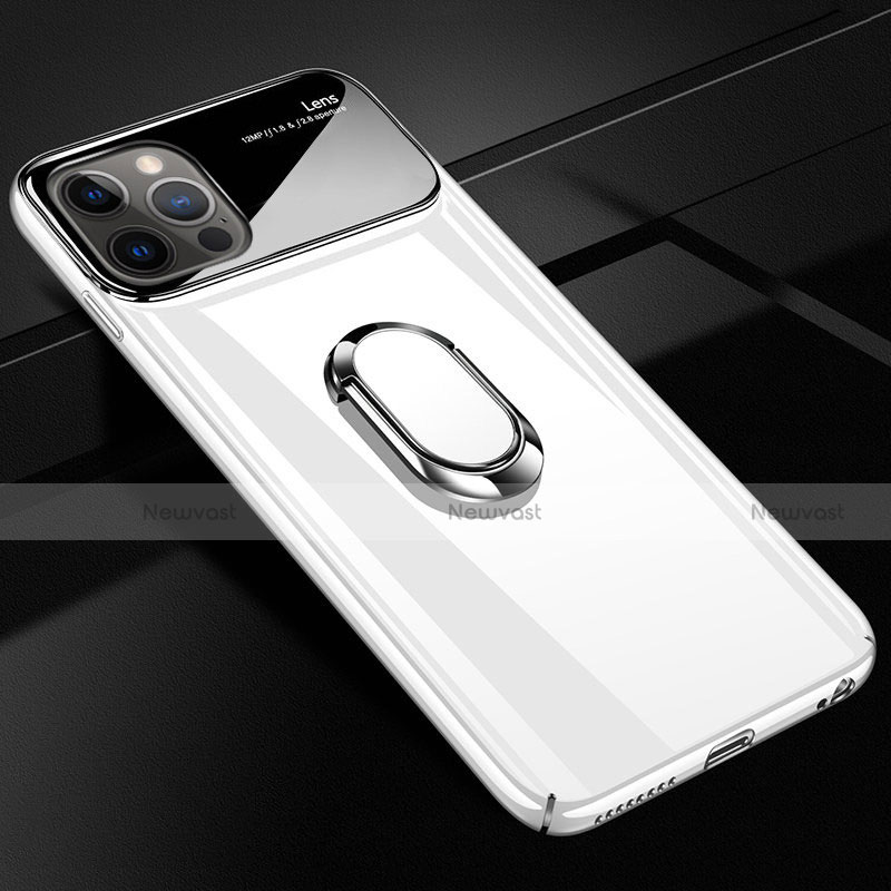 Hard Rigid Plastic Matte Finish Case Cover with Magnetic Finger Ring Stand A01 for Apple iPhone 12 Pro Max White