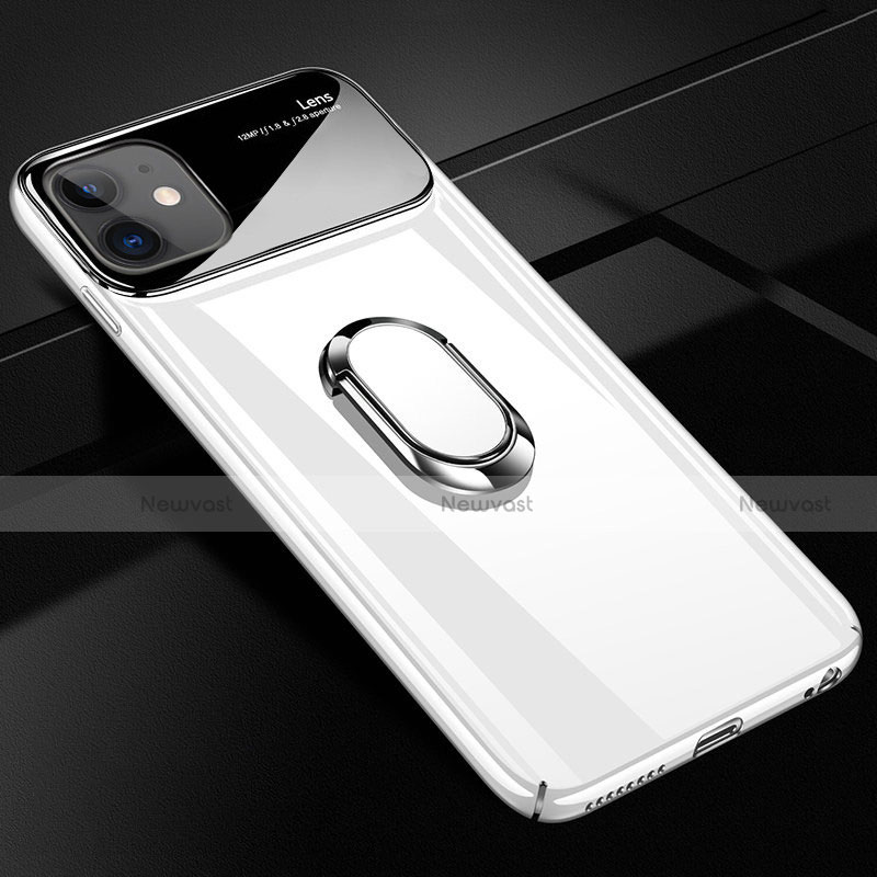 Hard Rigid Plastic Matte Finish Case Cover with Magnetic Finger Ring Stand A01 for Apple iPhone 12 White