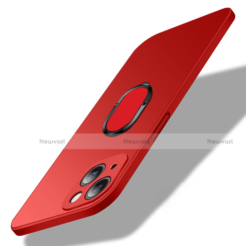 Hard Rigid Plastic Matte Finish Case Cover with Magnetic Finger Ring Stand A01 for Apple iPhone 14 Plus Red