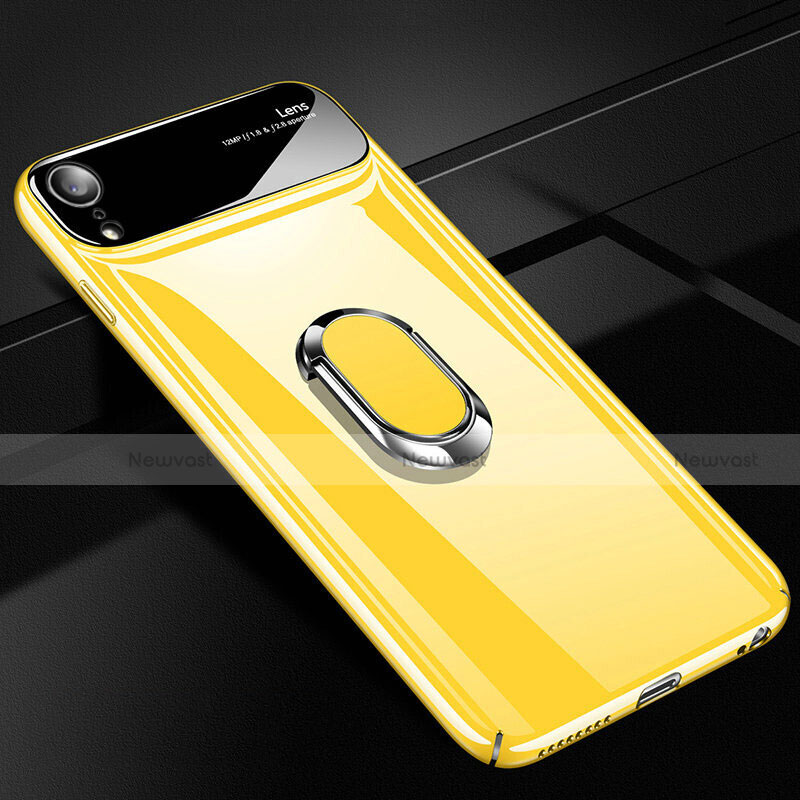 Hard Rigid Plastic Matte Finish Case Cover with Magnetic Finger Ring Stand A01 for Apple iPhone XR Yellow