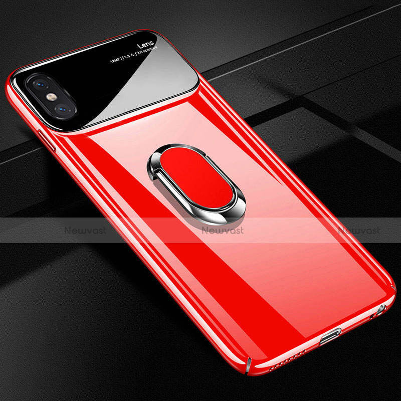 Hard Rigid Plastic Matte Finish Case Cover with Magnetic Finger Ring Stand A01 for Apple iPhone Xs Red