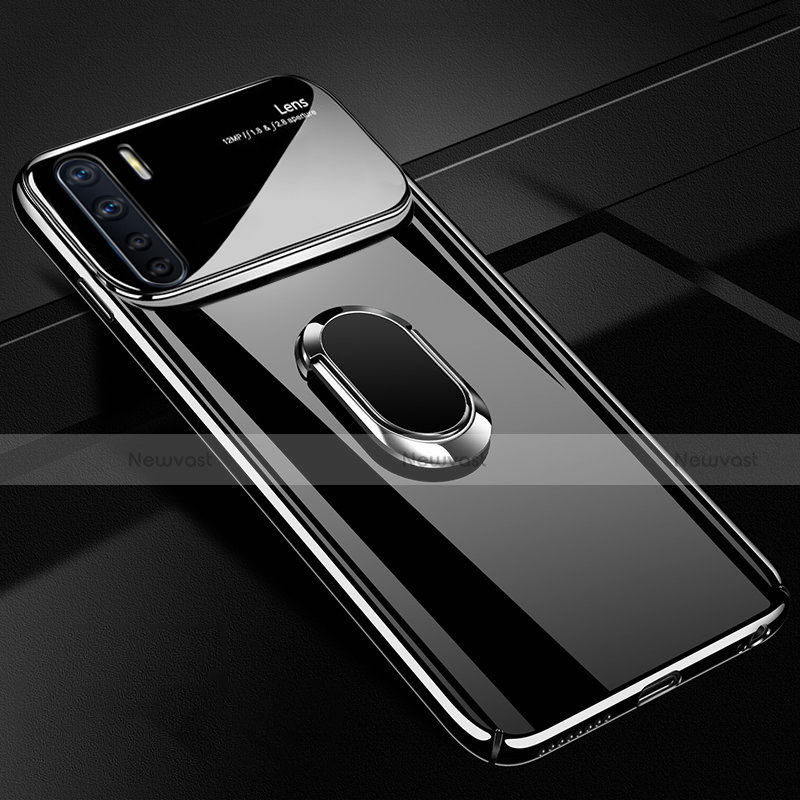 Hard Rigid Plastic Matte Finish Case Cover with Magnetic Finger Ring Stand A01 for Oppo A91 Black