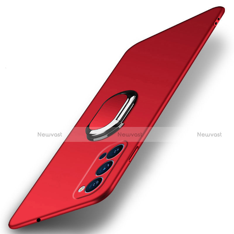 Hard Rigid Plastic Matte Finish Case Cover with Magnetic Finger Ring Stand A01 for Oppo Reno4 5G Red