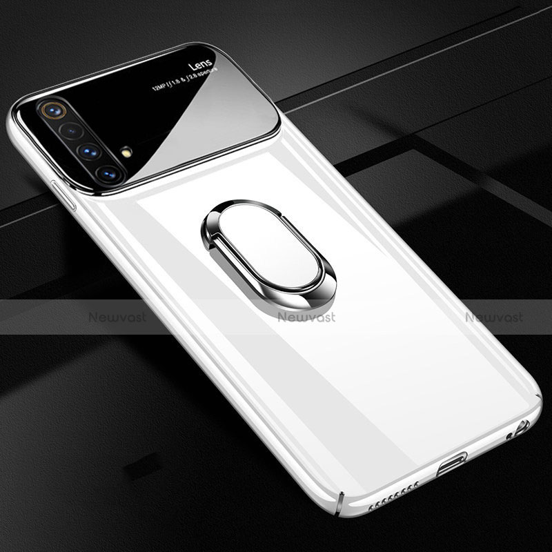 Hard Rigid Plastic Matte Finish Case Cover with Magnetic Finger Ring Stand A01 for Realme X50m 5G White