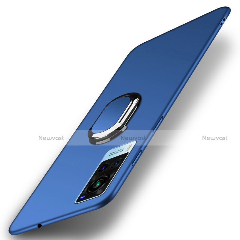 Hard Rigid Plastic Matte Finish Case Cover with Magnetic Finger Ring Stand A01 for Vivo X60 5G Blue