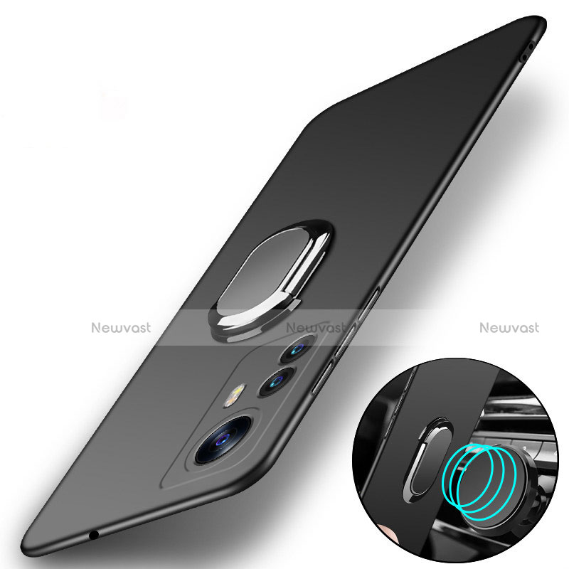 Hard Rigid Plastic Matte Finish Case Cover with Magnetic Finger Ring Stand A01 for Xiaomi Mi 12 5G Black