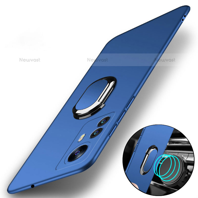 Hard Rigid Plastic Matte Finish Case Cover with Magnetic Finger Ring Stand A01 for Xiaomi Mi 12 Pro 5G Blue