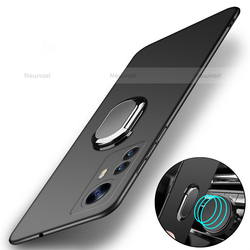 Hard Rigid Plastic Matte Finish Case Cover with Magnetic Finger Ring Stand A01 for Xiaomi Mi 12S 5G Black