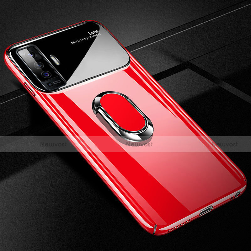 Hard Rigid Plastic Matte Finish Case Cover with Magnetic Finger Ring Stand A02 for Vivo X50 5G Red