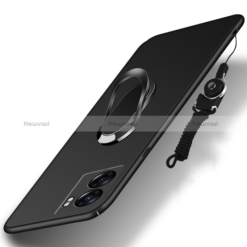 Hard Rigid Plastic Matte Finish Case Cover with Magnetic Finger Ring Stand for Oppo A56S 5G Black