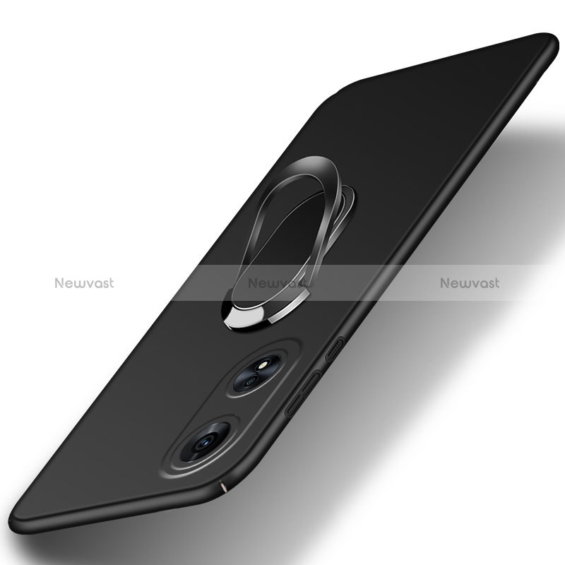 Hard Rigid Plastic Matte Finish Case Cover with Magnetic Finger Ring Stand for Oppo A78 5G Black