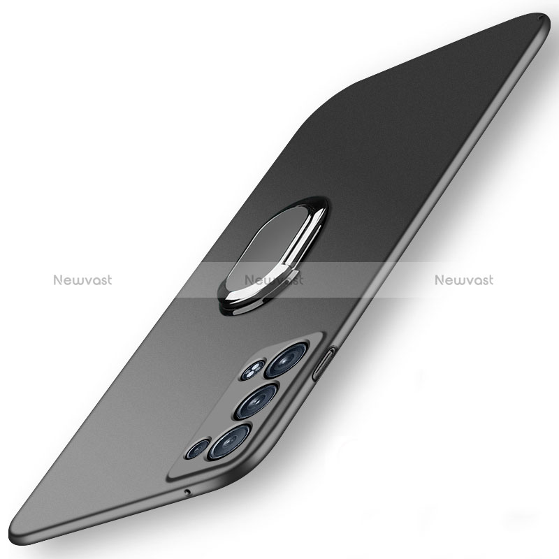 Hard Rigid Plastic Matte Finish Case Cover with Magnetic Finger Ring Stand for Oppo Reno6 Pro+ Plus 5G Black