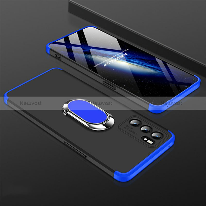 Hard Rigid Plastic Matte Finish Case Cover with Magnetic Finger Ring Stand GK1 for Oppo Reno6 5G Blue and Black