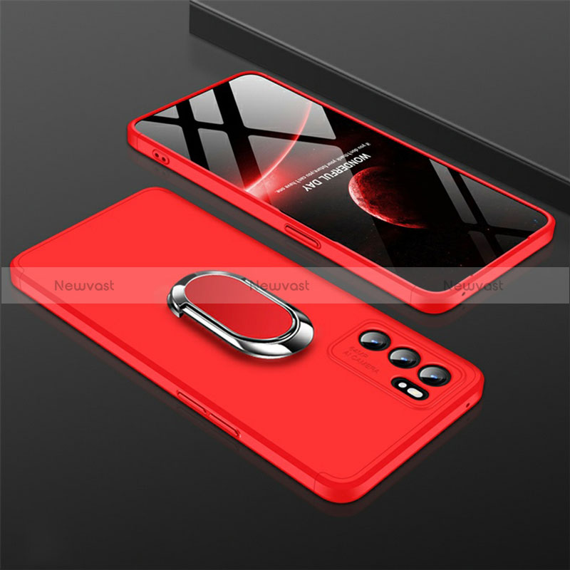 Hard Rigid Plastic Matte Finish Case Cover with Magnetic Finger Ring Stand GK1 for Oppo Reno6 Pro 5G India Red