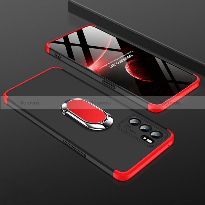 Hard Rigid Plastic Matte Finish Case Cover with Magnetic Finger Ring Stand GK1 for Oppo Reno6 Pro 5G India Red and Black