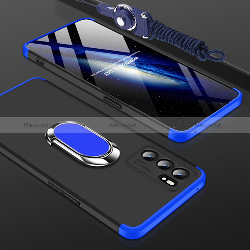 Hard Rigid Plastic Matte Finish Case Cover with Magnetic Finger Ring Stand GK2 for Oppo Reno6 5G Blue and Black