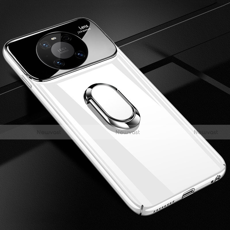 Hard Rigid Plastic Matte Finish Case Cover with Magnetic Finger Ring Stand K01 for Huawei Mate 40 Pro White