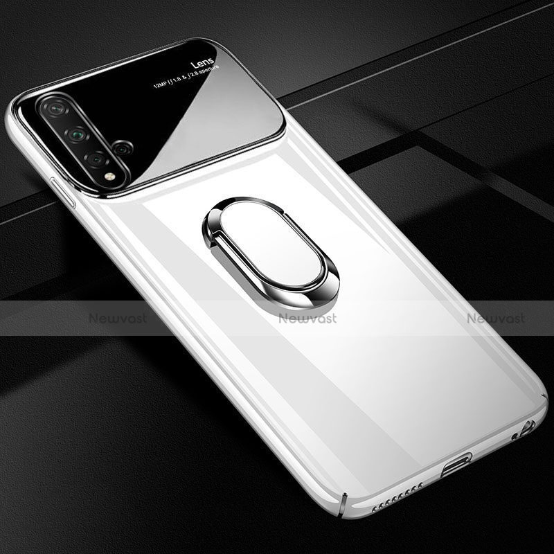 Hard Rigid Plastic Matte Finish Case Cover with Magnetic Finger Ring Stand P01 for Huawei Nova 5 White