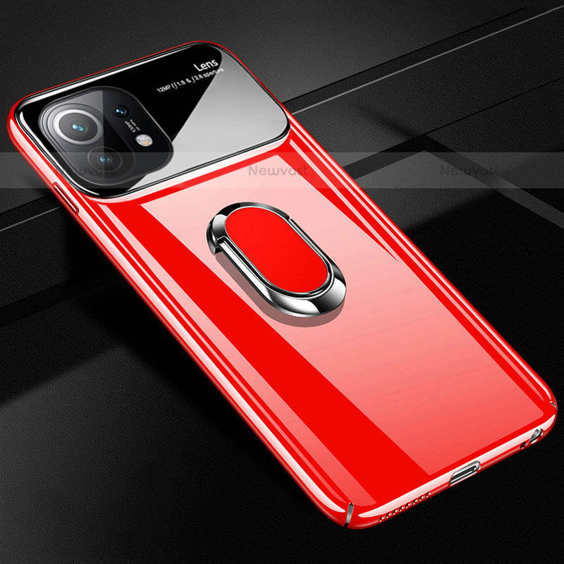 Hard Rigid Plastic Matte Finish Case Cover with Magnetic Finger Ring Stand P01 for Xiaomi Mi 11 5G Red