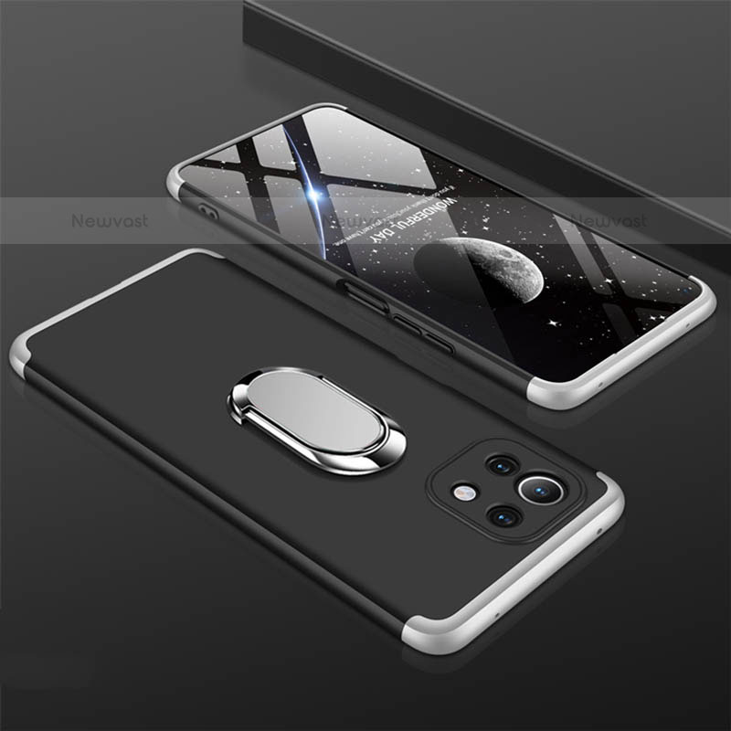Hard Rigid Plastic Matte Finish Case Cover with Magnetic Finger Ring Stand P02 for Xiaomi Mi 11 5G Silver and Black