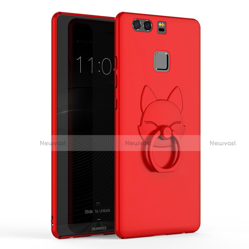 Hard Rigid Plastic Matte Finish Cover with Finger Ring Stand A03 for Huawei P9 Plus Red