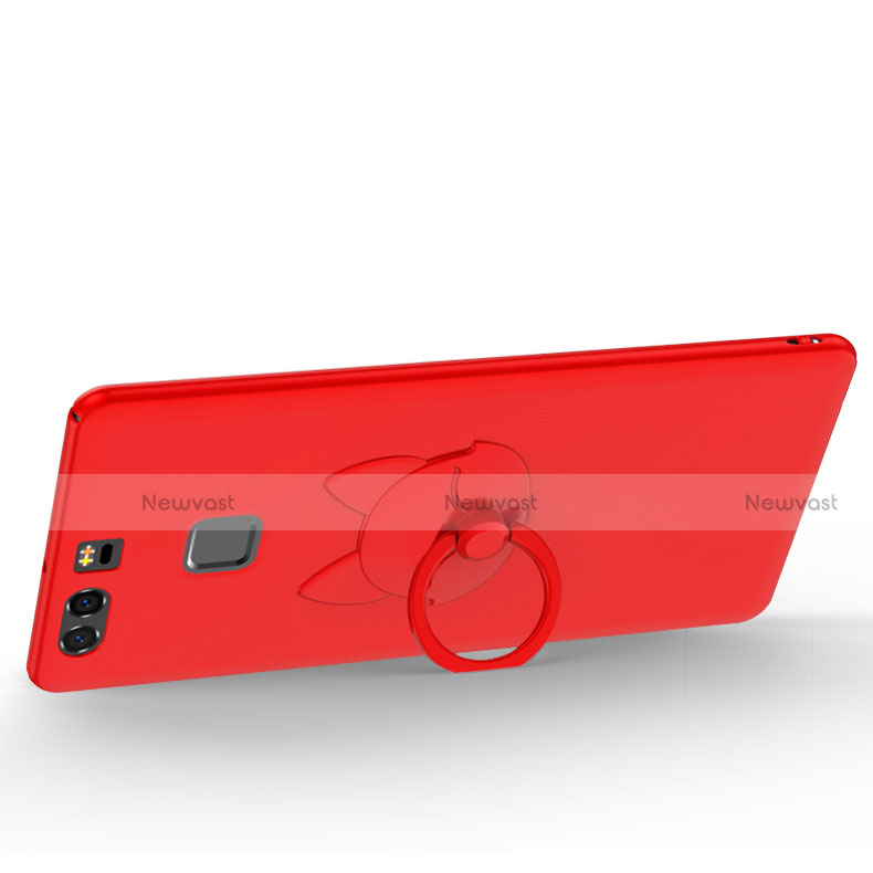 Hard Rigid Plastic Matte Finish Cover with Finger Ring Stand A03 for Huawei P9 Plus Red