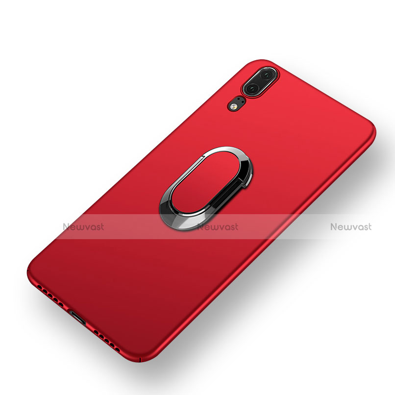 Hard Rigid Plastic Matte Finish Cover with Finger Ring Stand and Lanyard for Huawei P20 Red