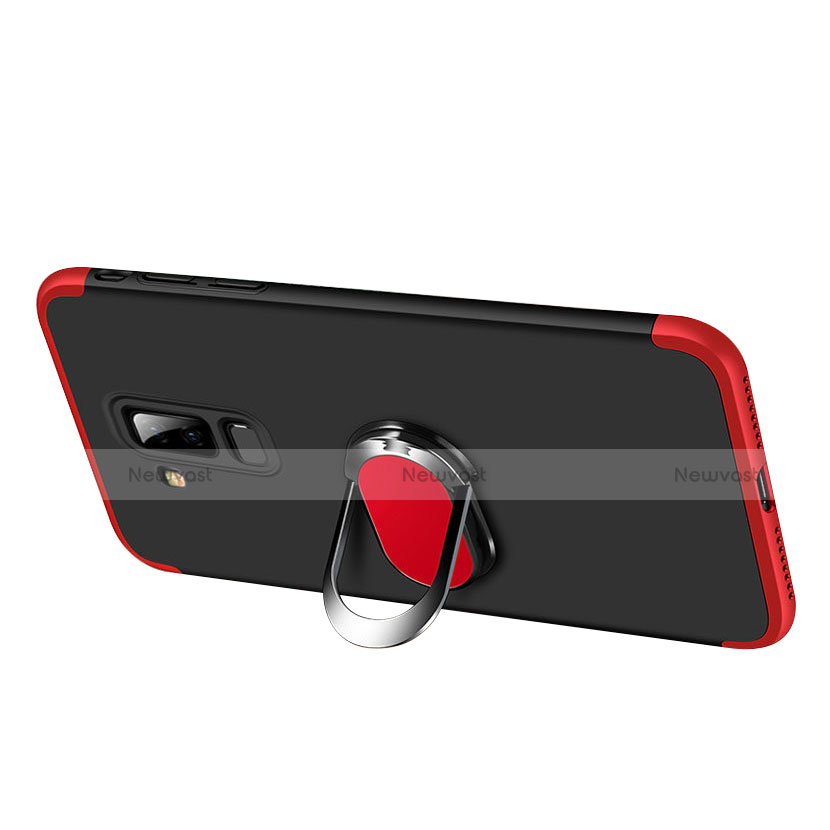 Hard Rigid Plastic Matte Finish Front and Back Case 360 Degrees with Finger Ring Stand Q01 for Samsung Galaxy A6 Plus (2018) Red and Black
