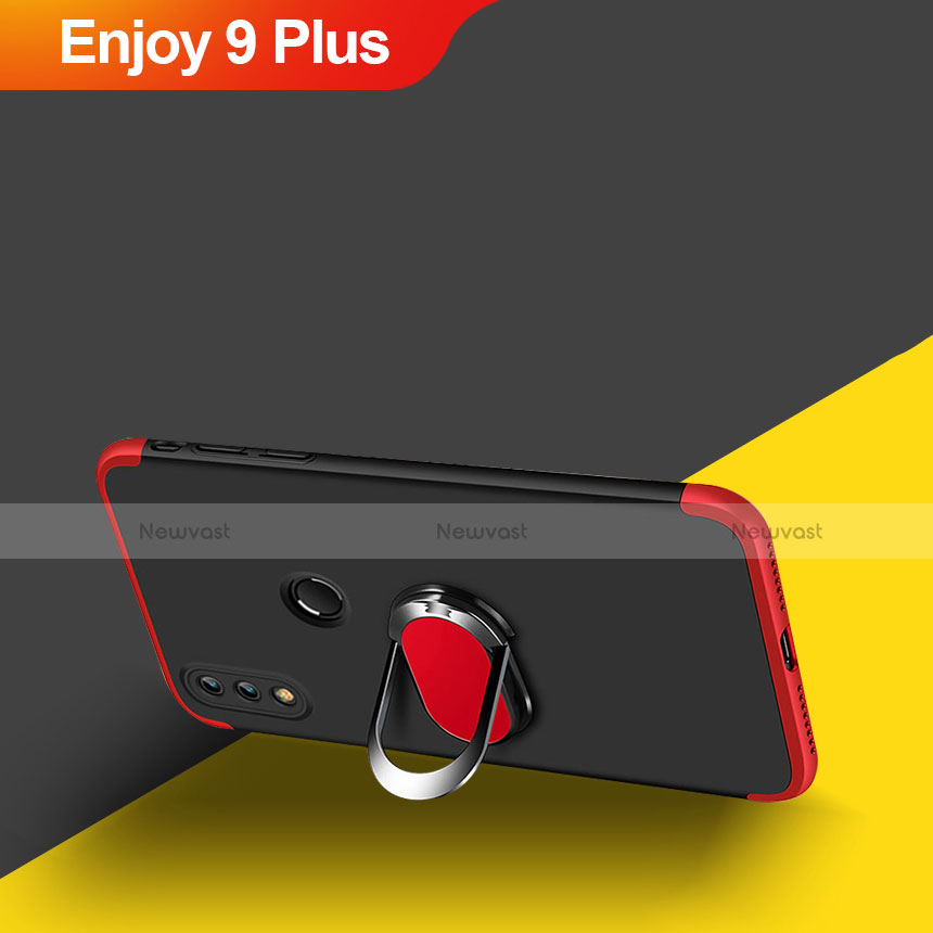 Hard Rigid Plastic Matte Finish Front and Back Case 360 Degrees with Magnetic Finger Ring Stand for Huawei Enjoy 9 Plus Red and Black