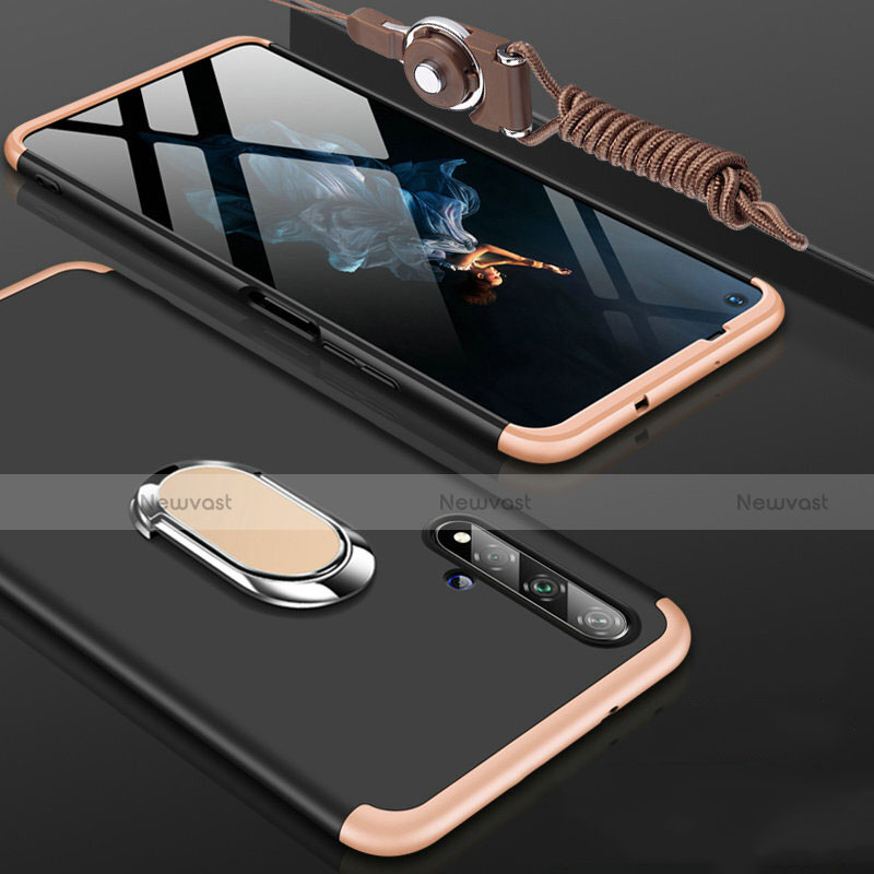 Hard Rigid Plastic Matte Finish Front and Back Cover Case 360 Degrees with Finger Ring Stand for Huawei Honor 20 Gold and Black